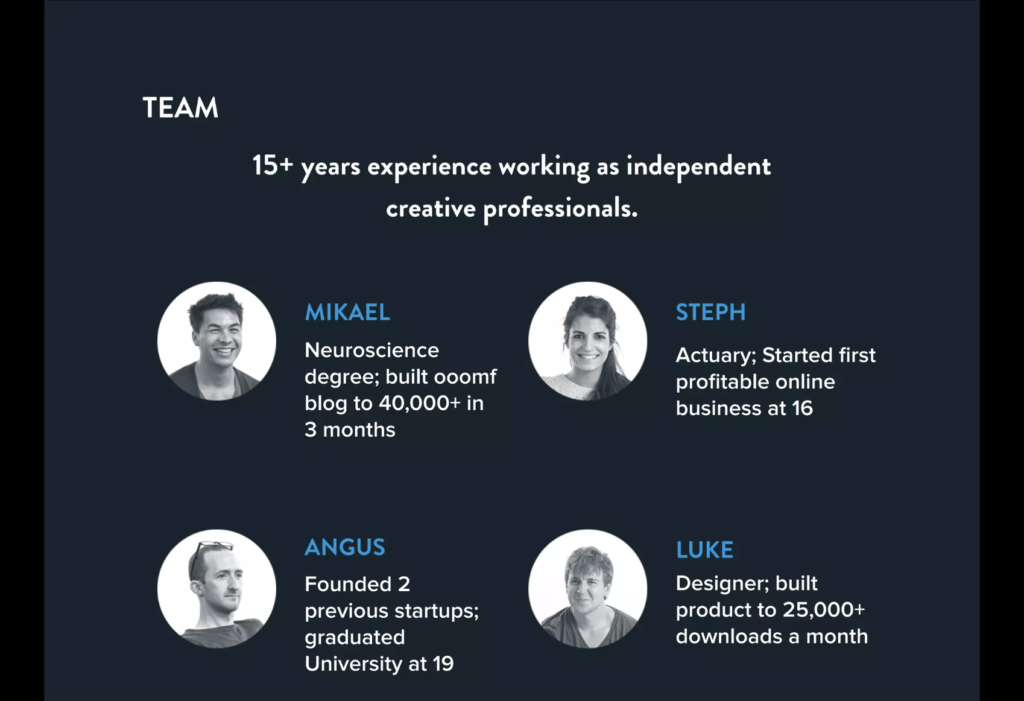 Ooomf's team slide shows the strength of the team in its early stages