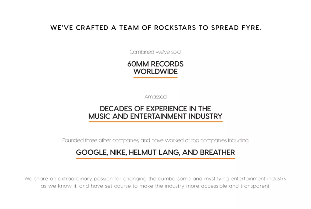 Fyre's team slide showing the relevant experience of the combined team