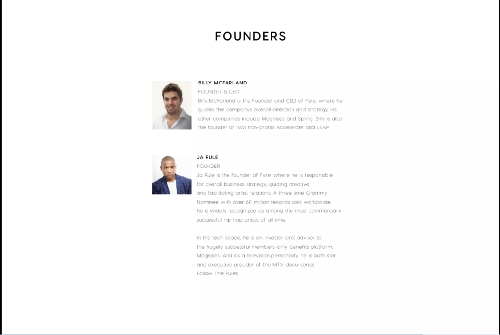Fyre Team slide showcasing key team members